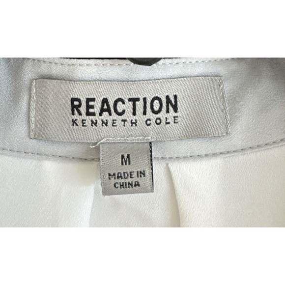 Reaction by Kenneth Cole Blouse Women's Size Medium White Black Trim Roll Tab - Picture 3 of 11